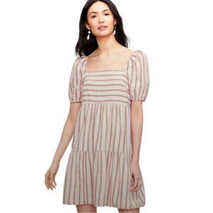 Loft Striped Puff Sleeve Short Sleeve Tiered A-Line Dress